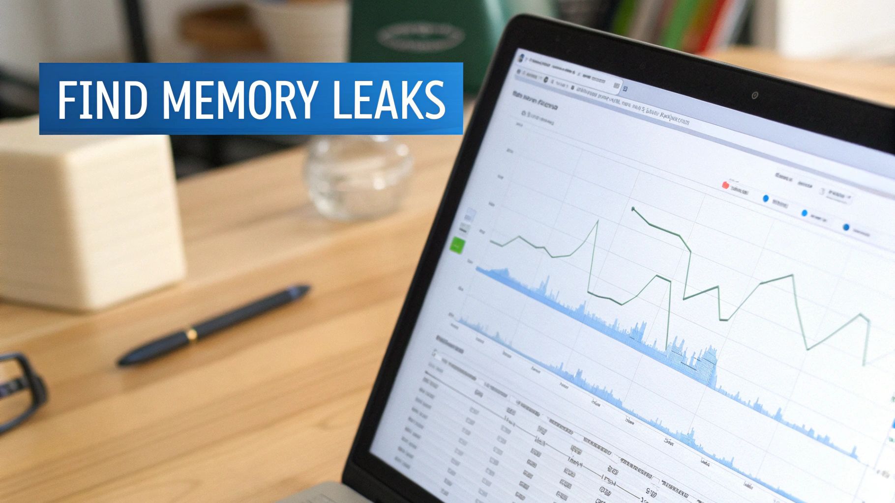 A laptop screen shows data analysis charts and a banner with "FIND MEMORY LEAKS" for software debugging.
