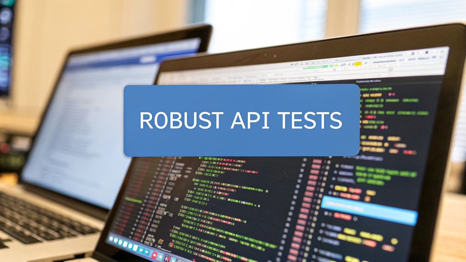 A photorealistic scene of a developer console with code snippets and network diagrams subtly blurred in the background, featuring "Robust API Tests" text centered on a solid background block in the golden ratio position