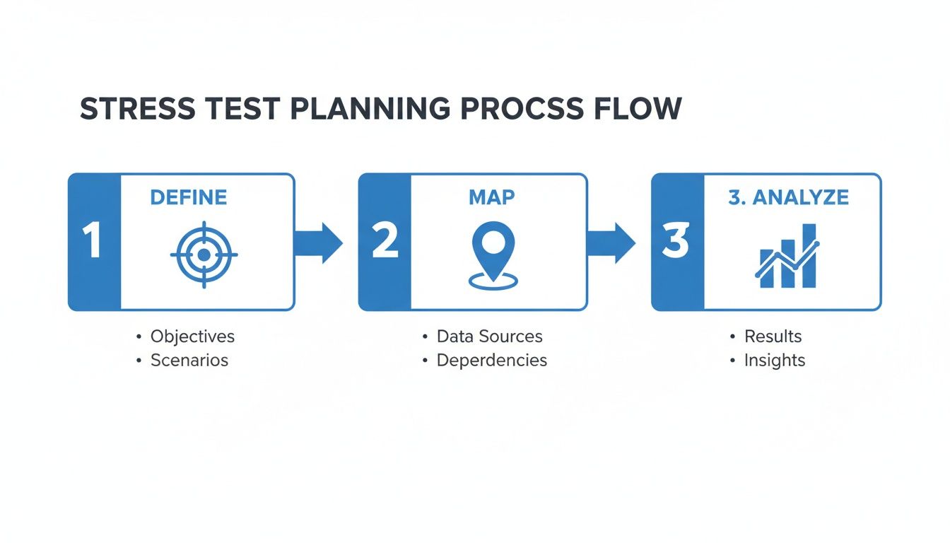 A flowchart outlining the three steps of a stress test planning process: Define, Map, and Analyze.