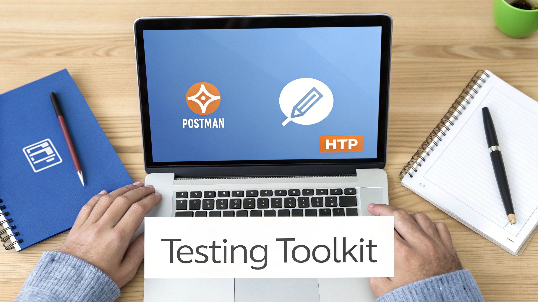 A person's hands on a laptop displaying Postman and HTP logos, with 'Testing Toolkit' banner on a wooden desk.