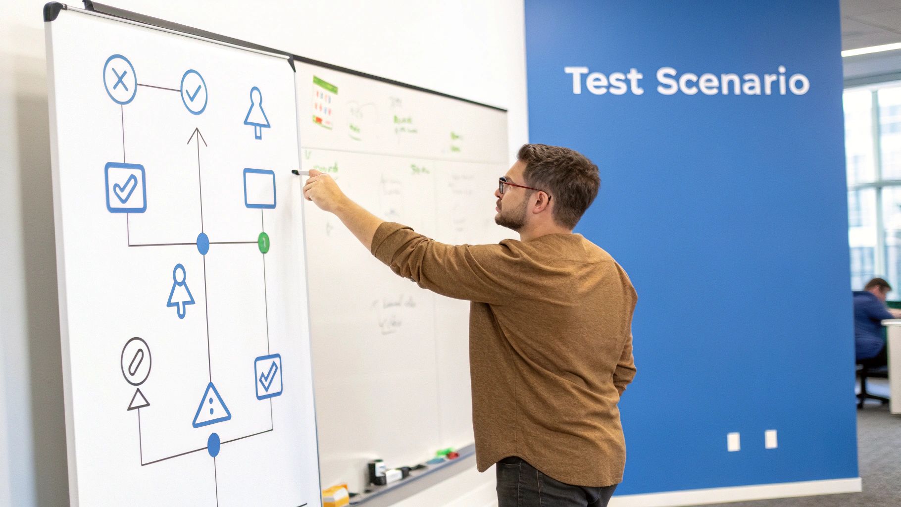 A man in glasses draws a process flow diagram on a whiteboard in an office setting.