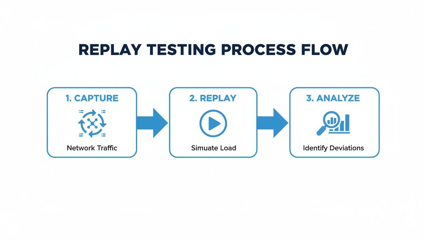 Flowchart illustrating the replay testing process: capture network traffic, replay to simulate load, and analyze deviations.