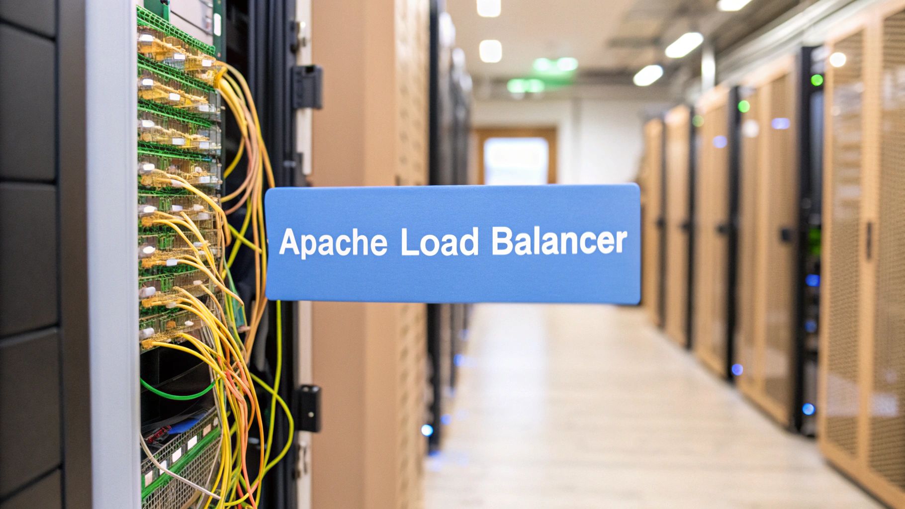 A photo-realistic image in Brand & Text Realism style of a modern server room environment with blurred rack servers and network cables framing the scene, featuring “Apache Load Balancer” text centered on a solid background block at the golden ratio position. Subtle glowing network flow indicators softly enhance the theme of high availability and traffic distribution.