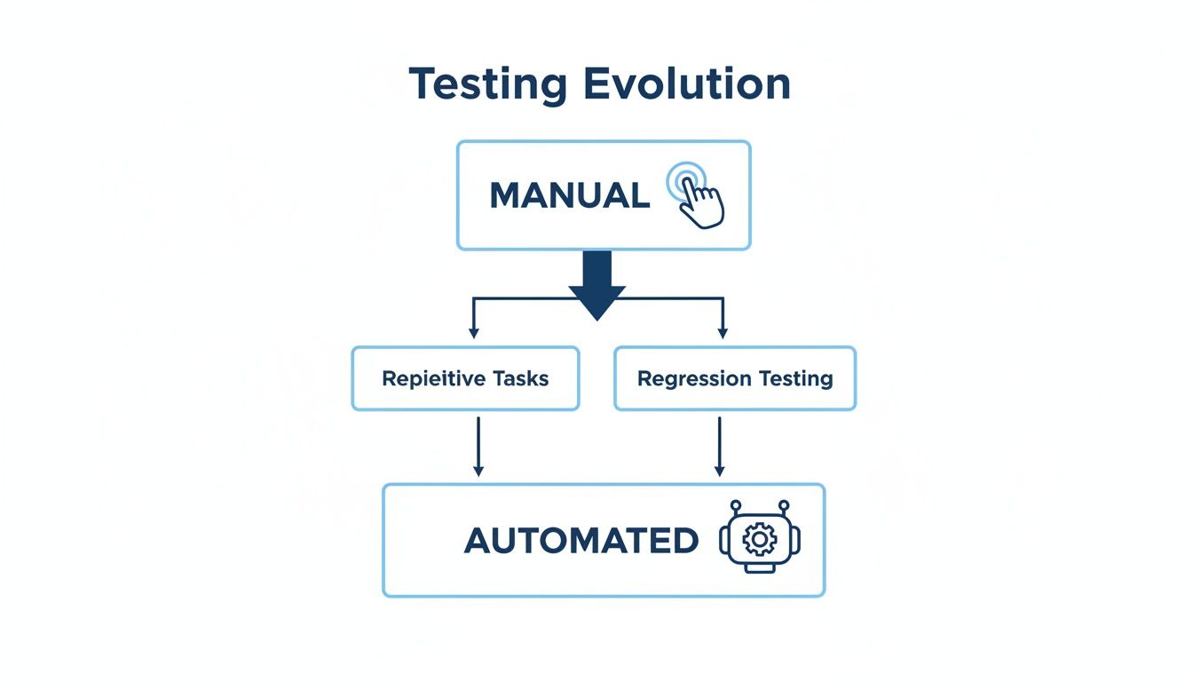 A flowchart illustrates the evolution of testing from manual to automated for repetitive and regression tasks.