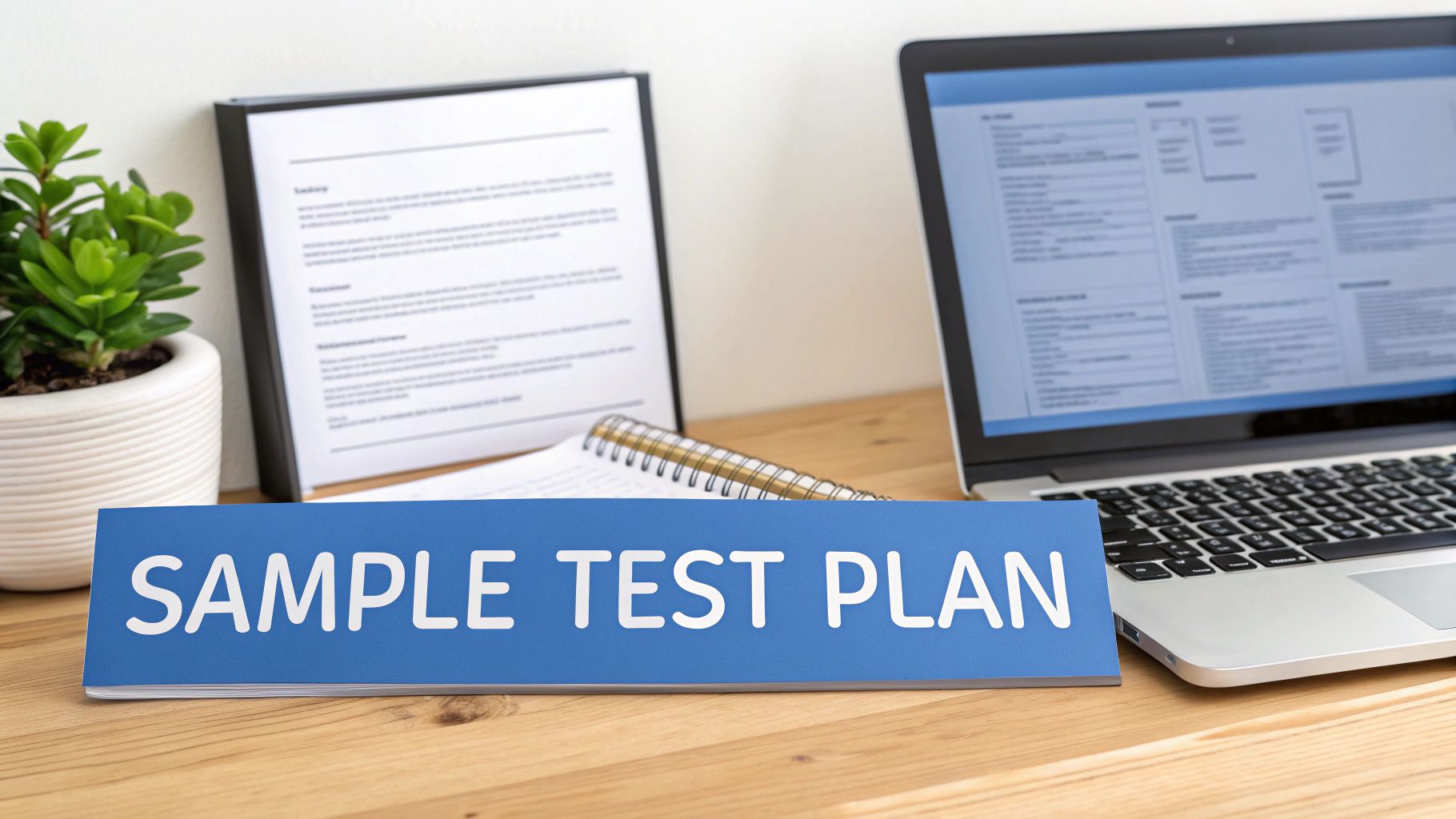 A blue sign on a wooden desk reads 'SAMPLE TEST PLAN' with a laptop and plant in the background.