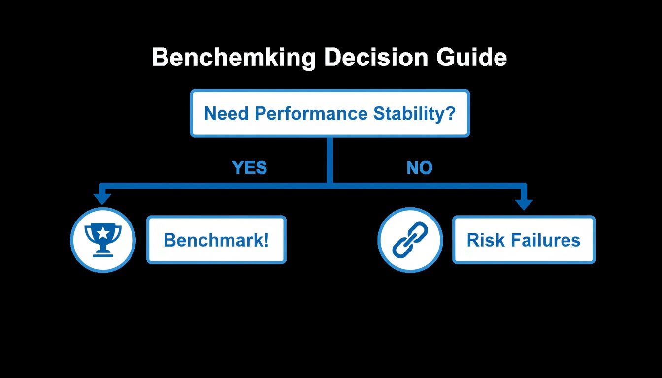 Benchmarking decision guide flowchart asking if performance stability is needed, leading to benchmarking or risking failures.