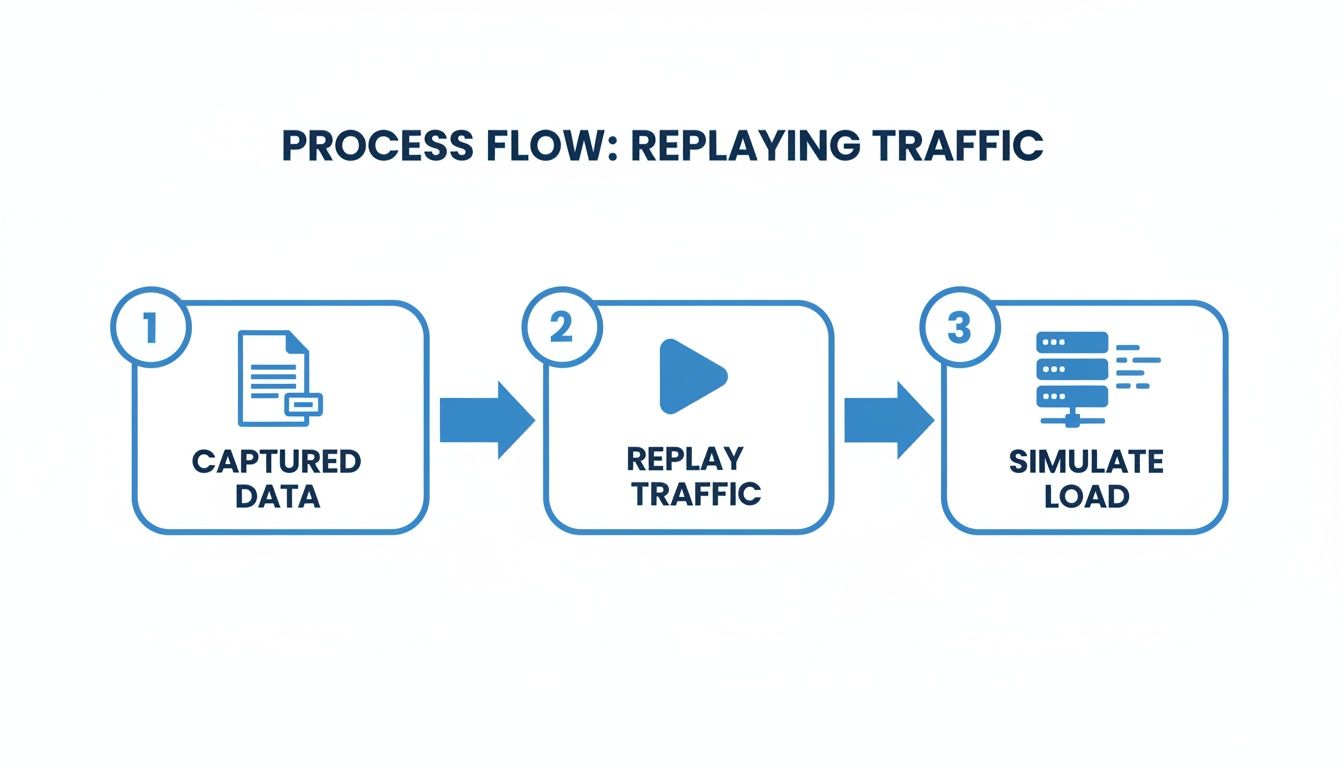Process flow illustrating steps to replay network traffic: captured data, replay traffic, and simulate load.