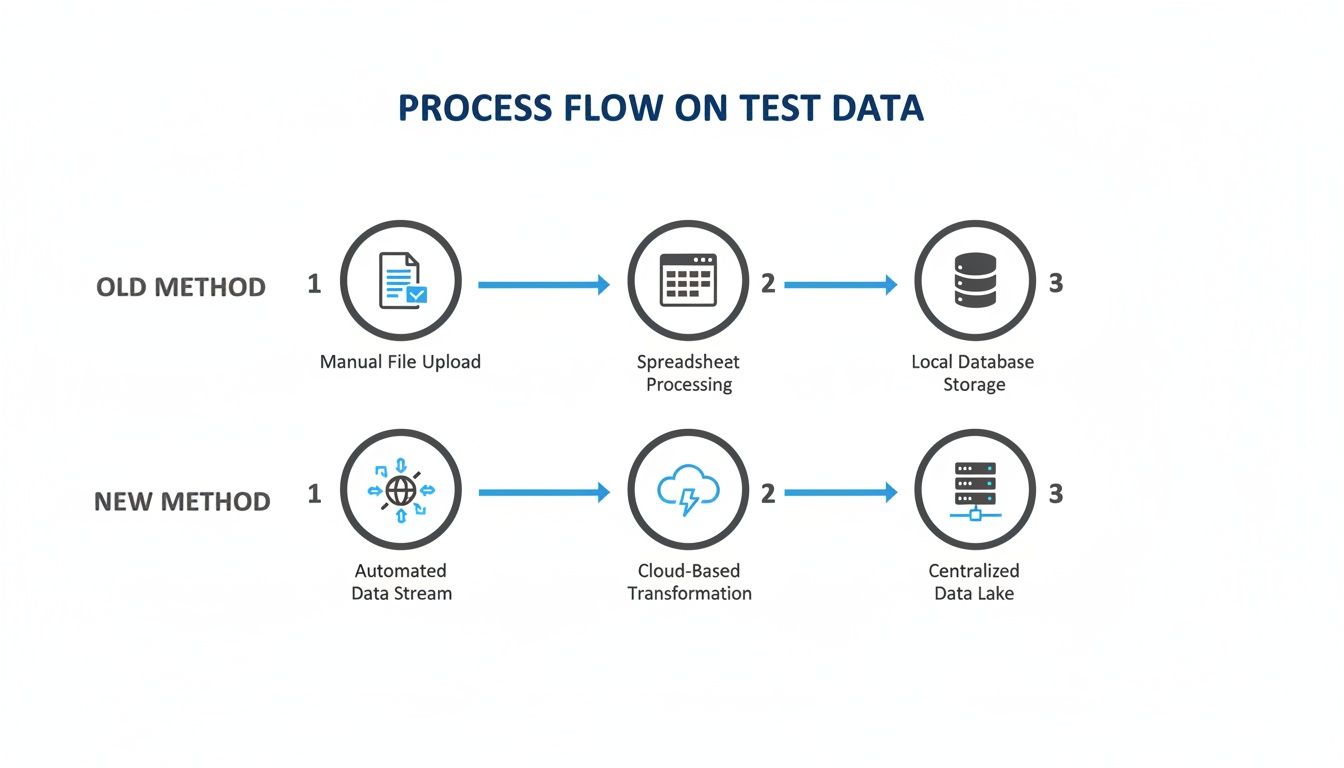 A diagram compares old manual data upload and processing with a new automated cloud-based data stream.