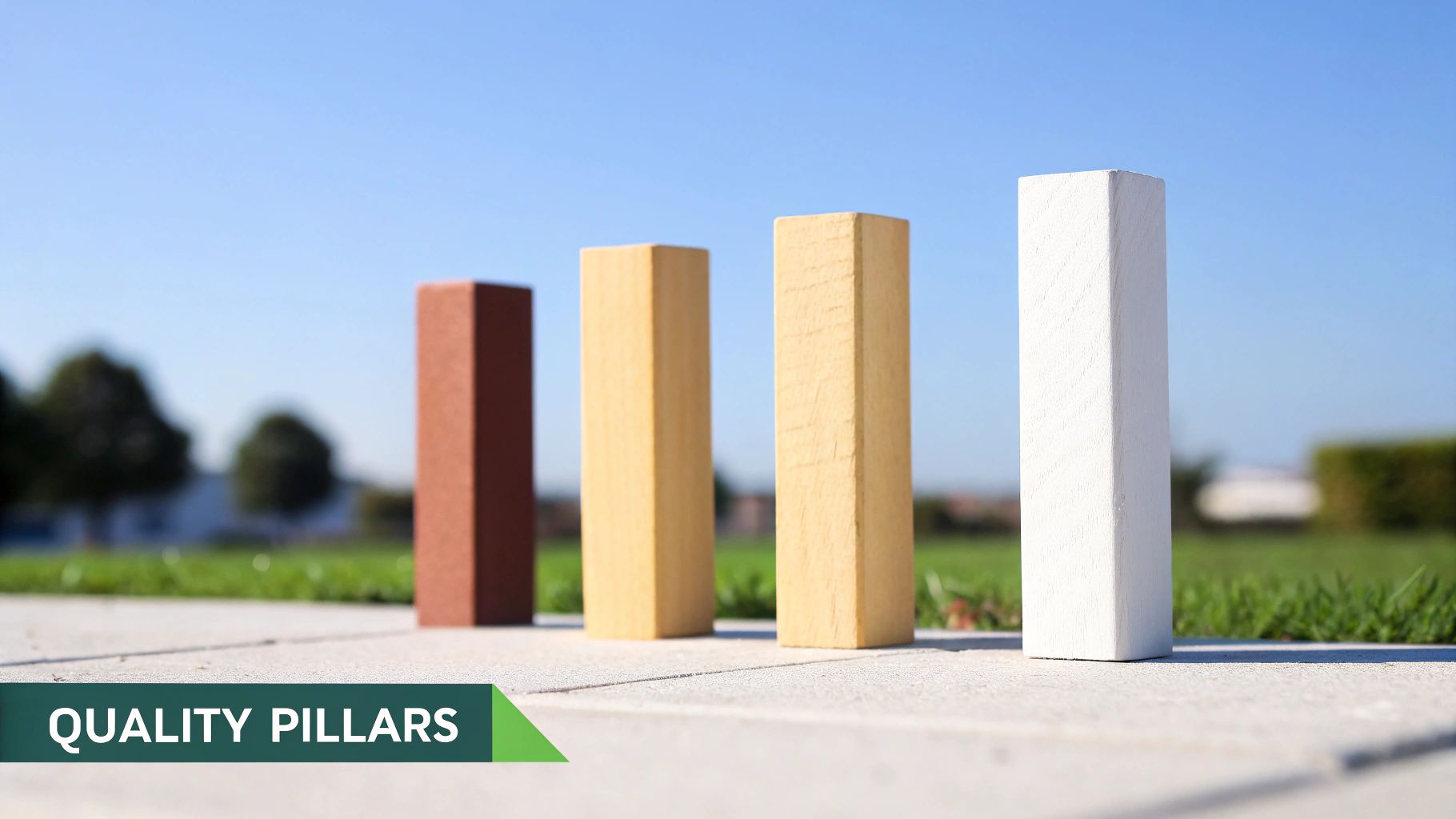 Four colorful wooden blocks representing quality pillars standing upright on a concrete path outdoors.