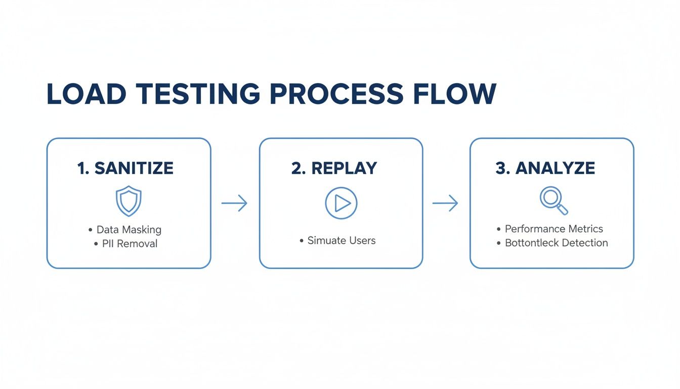 A flowchart illustrates the three steps of the load testing process: Sanitize, Replay, and Analyze.