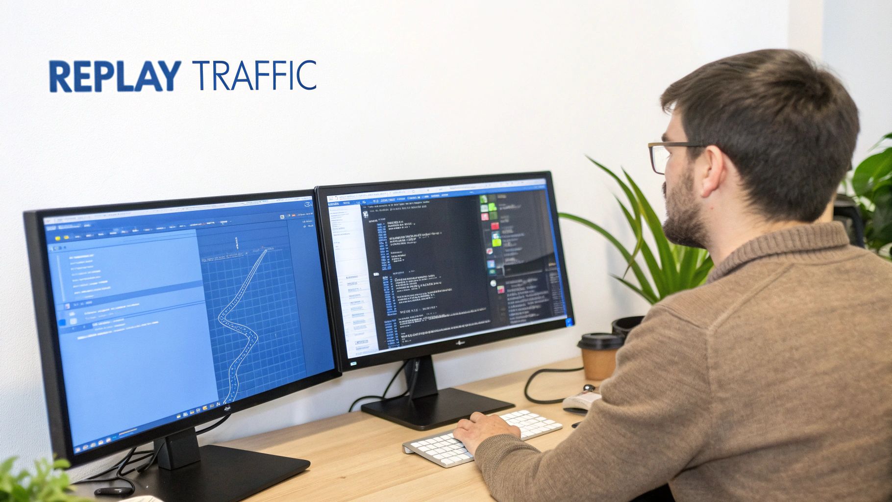 A person works at a desk with two computer monitors displaying code and data analysis, with “REPLAY TRAFFIC” on the wall.