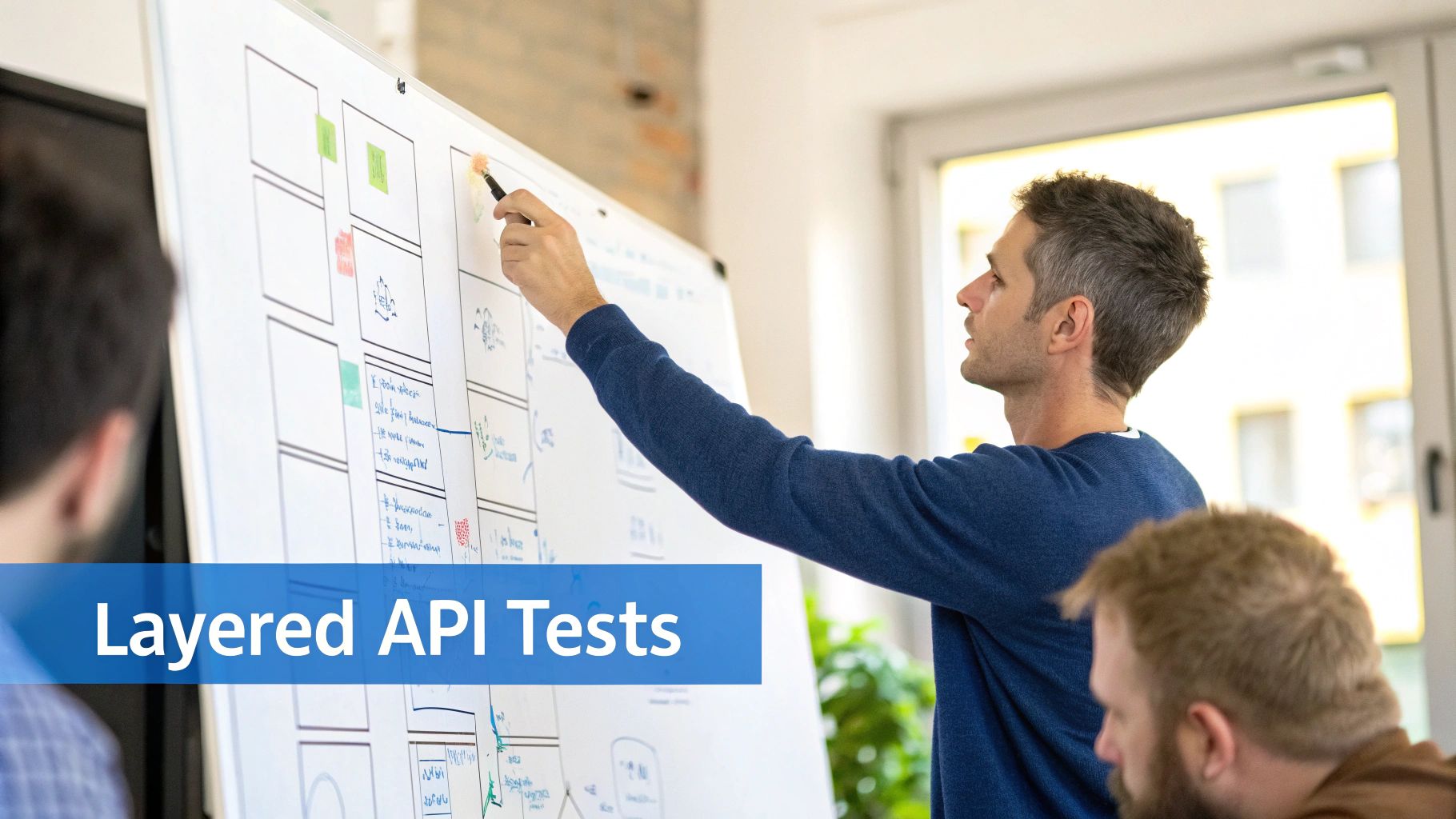 Man in a blue sweater presenting an API testing diagram on a whiteboard to a team.