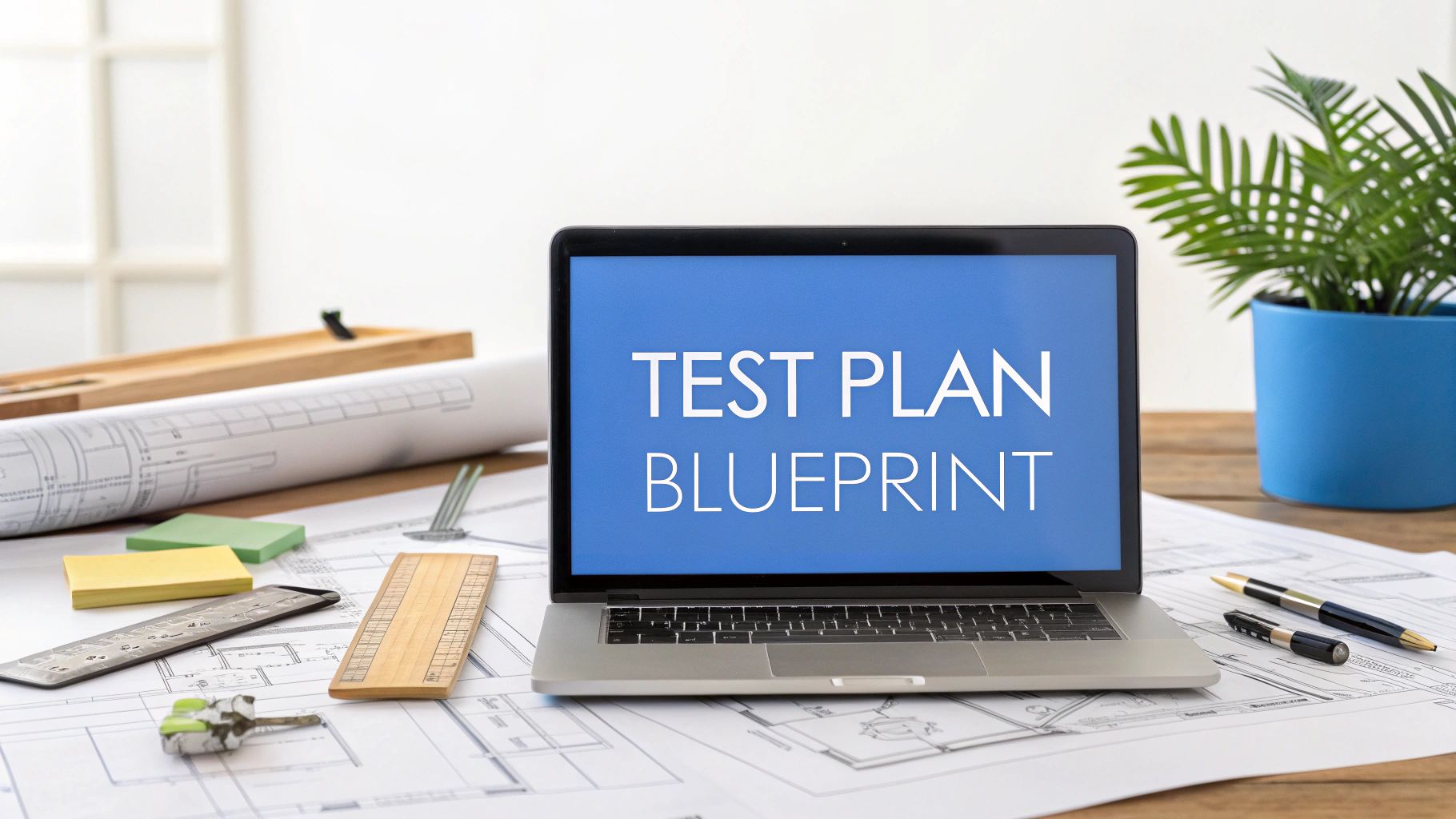 - A modern workspace filled with architectural blueprints and a sleek laptop, with âTest Plan Blueprintâ text centered on a solid background block in the golden ratio position, surrounding tools like rulers, pens, and sticky notes rendered subtly in the background to support the planning theme, all in a brand & text realism style with sharp text edges and perfect legibility.