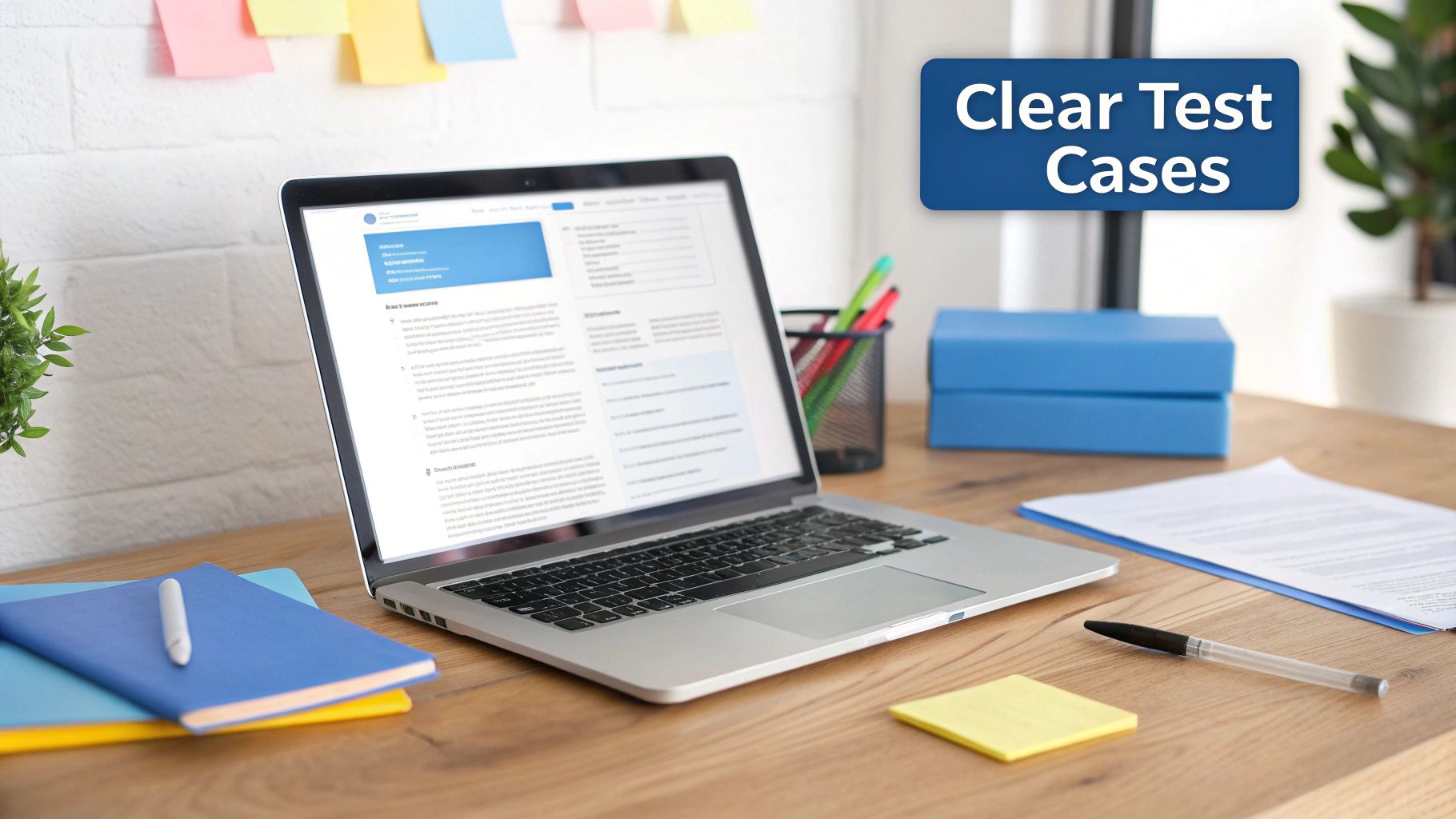 A laptop on a wooden desk surrounded by office supplies, displaying 'Clear Test Cases' text.