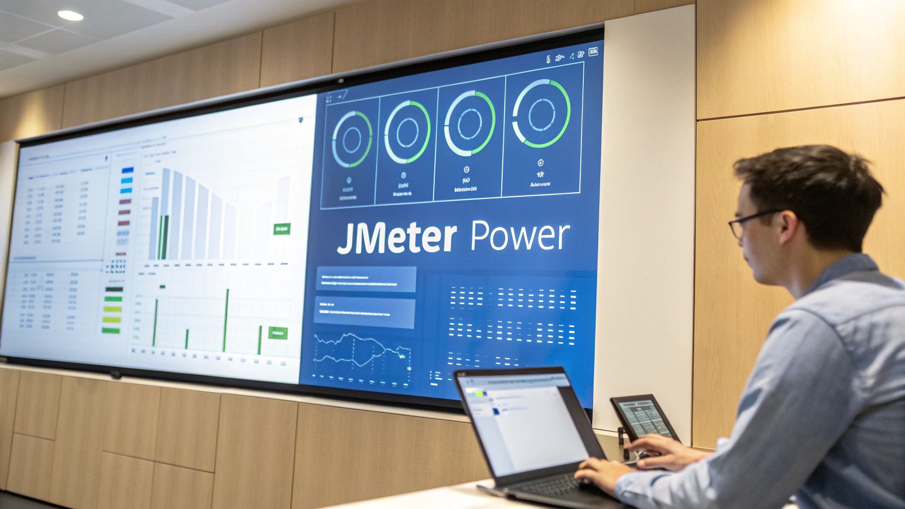 A man in glasses works on a laptop while viewing a large screen displaying 'JMeter Power' energy data dashboard.