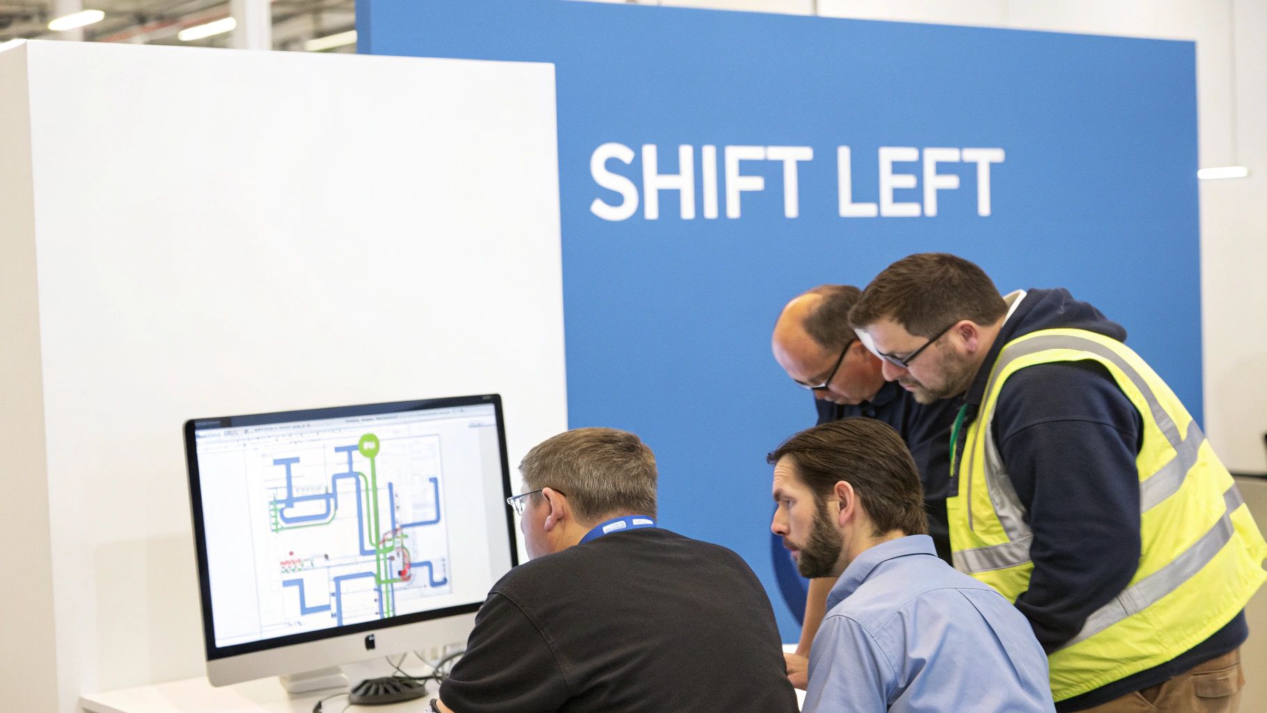 Four men collaborate around a computer screen displaying a technical diagram, with 'SHIFT LEFT' on a blue wall.