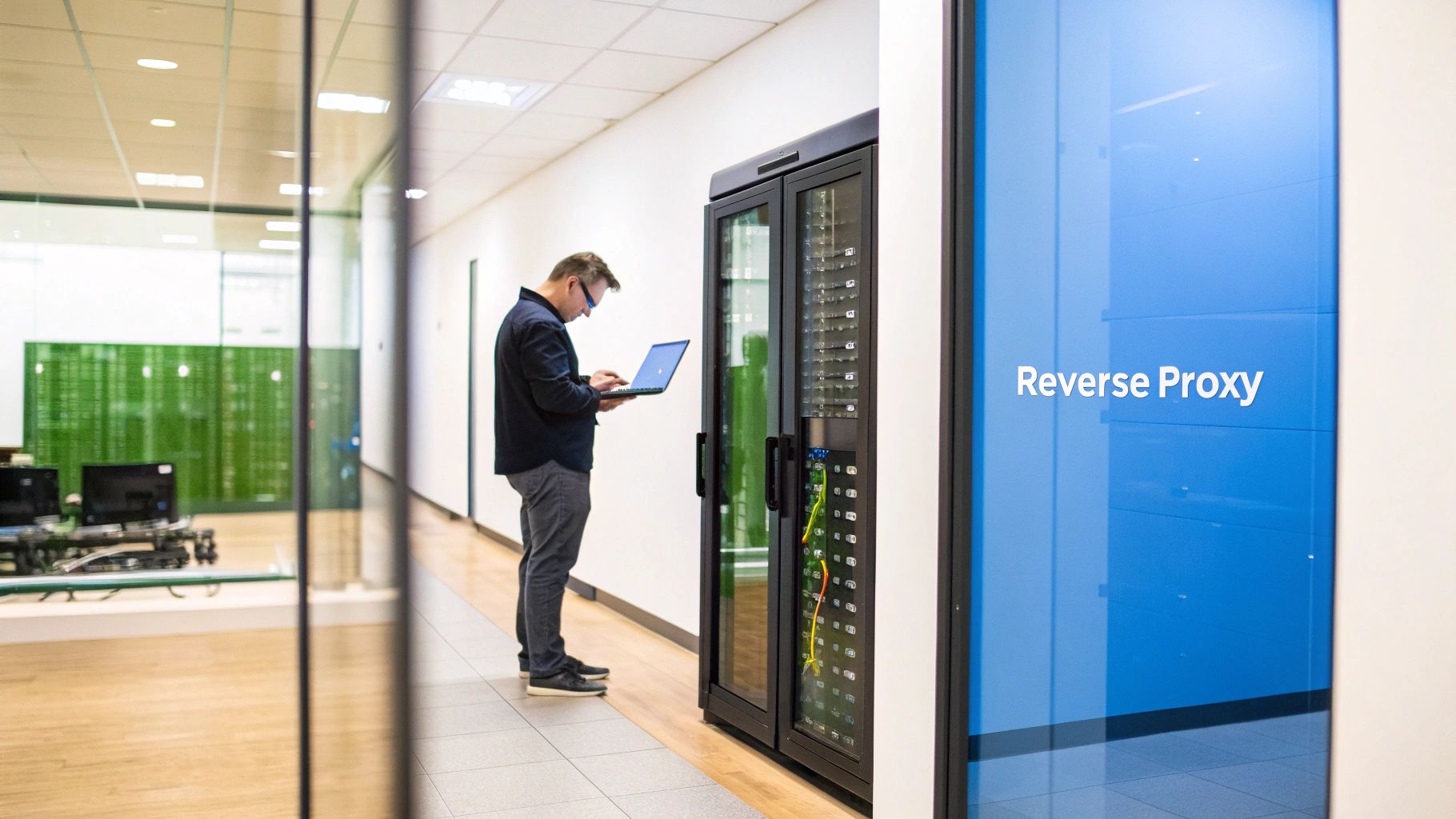 A man in glasses uses a laptop next to a server rack with a 'Reverse Proxy' sign in a modern data center hallway.