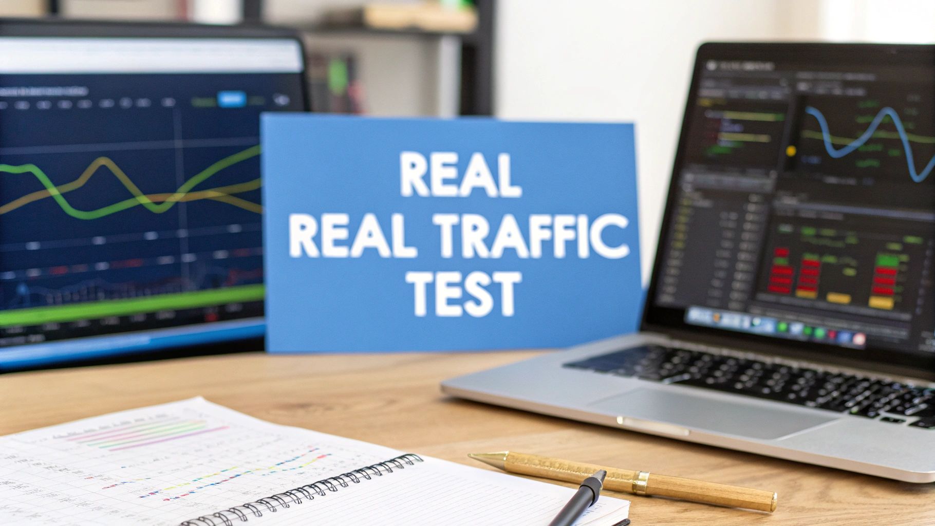 - A photo-realistic scene of a workstation with a blurred laptop displaying live traffic graphs and network code in the background, featuring 'Real Traffic Test' text centered on a solid background block in the golden ratio position