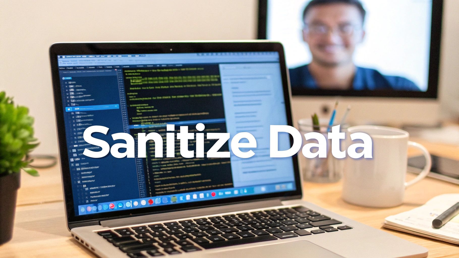 A laptop screen displaying code with the text 'Sanitize Data' overlaid, on a desk in an office setting.