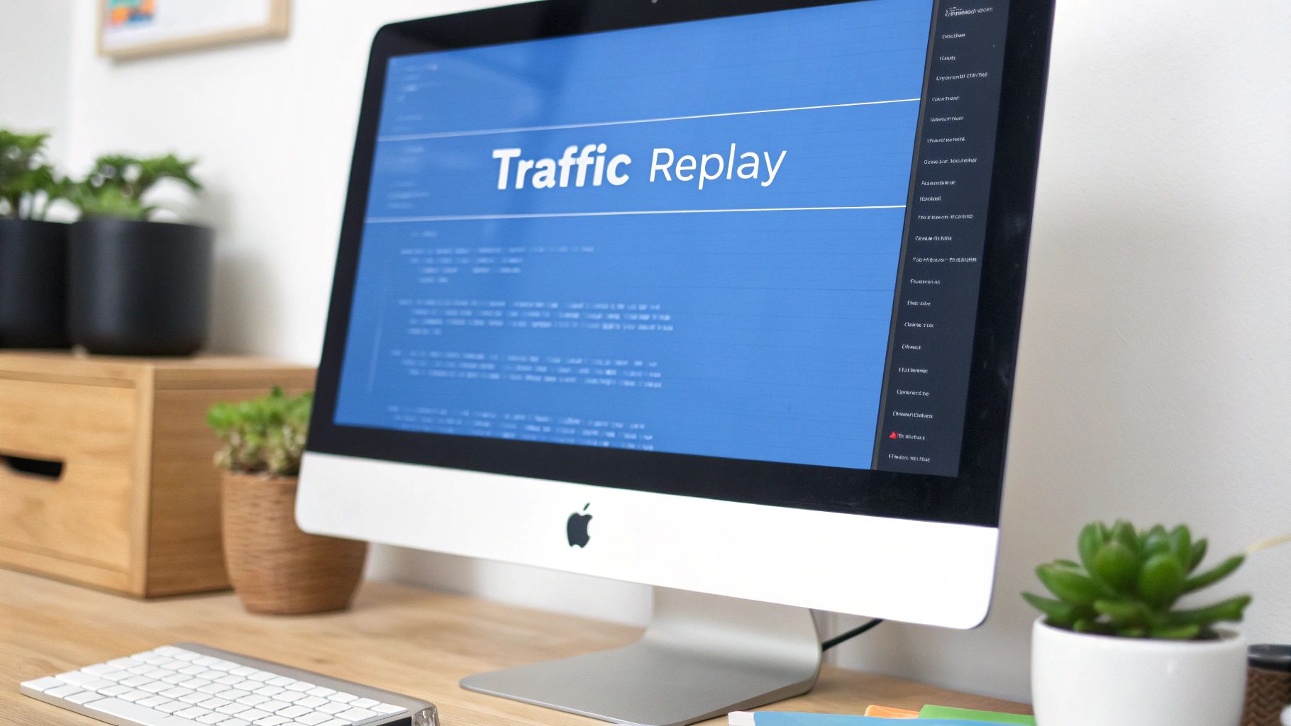 A close-up of an Apple iMac displaying "Traffic Replay" on a blue screen, with a keyboard and plants on a wooden desk.