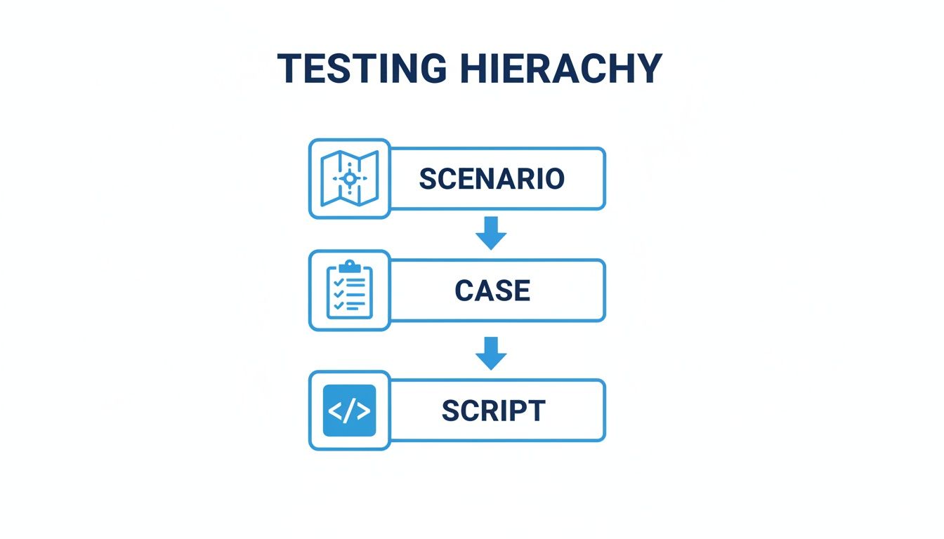 A flowchart illustrating the testing hierarchy from scenario to case to script, each with a corresponding icon.