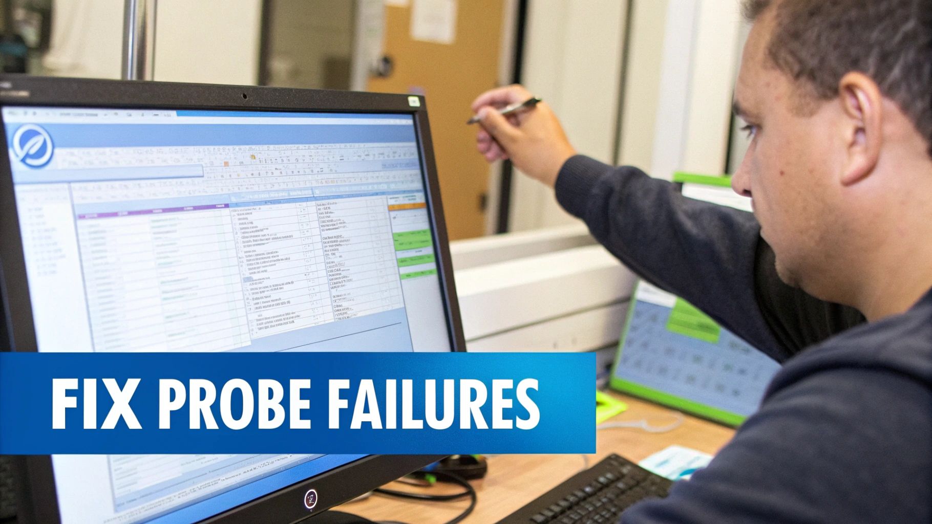 A man points at a computer screen displaying data, with 'FIX PROBE FAILURES' text overlay.