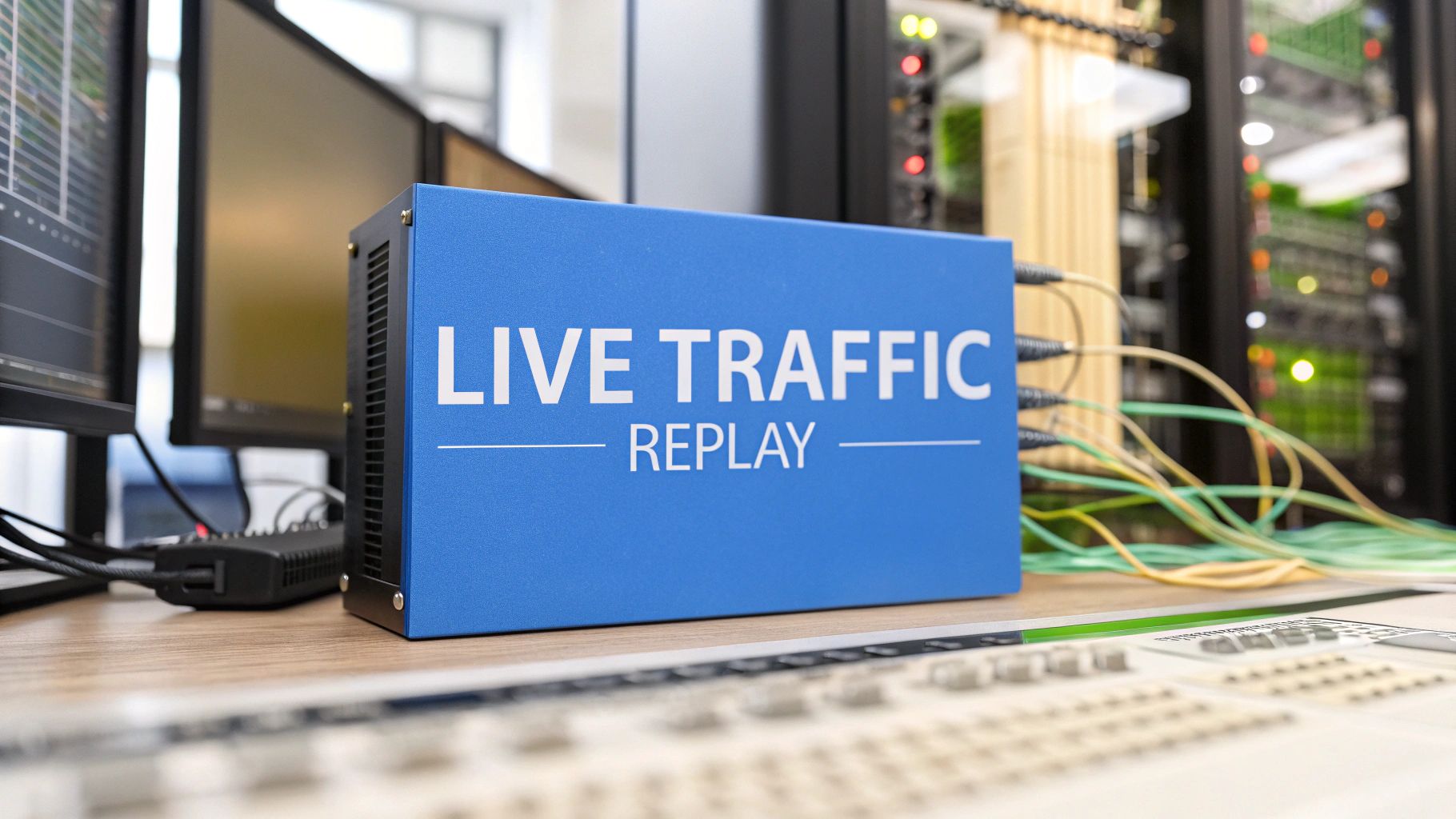Photo-realistic image where 'Live Traffic Replay' text serves as the central focal point of the composition, prominently displayed on a solid background block occupying the golden ratio position; surrounding elements include a modern server room environment with subtly blurred monitors displaying network graphs and code snippets, cables and blinking LED indicators, abstract data streams flowing softly in the background to emphasize real-time REST API testing without distracting from the sharp, clear text.