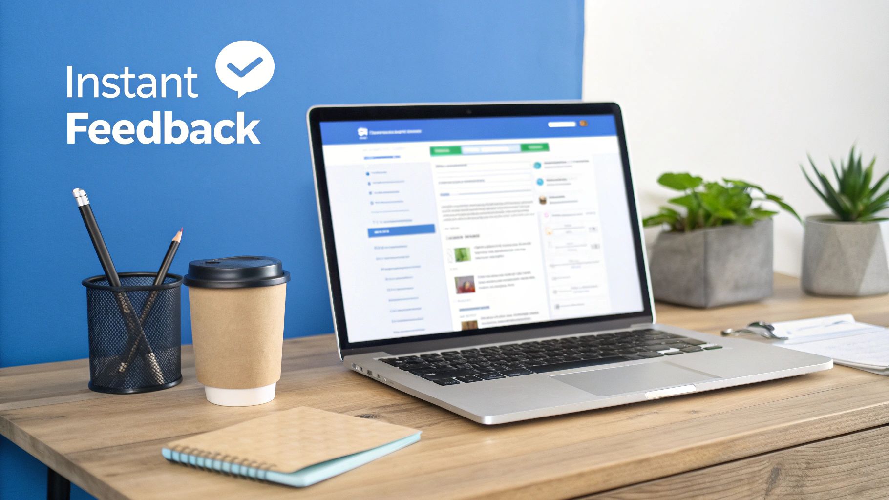 A laptop on a wooden desk with instant feedback text, coffee, and potted plants.