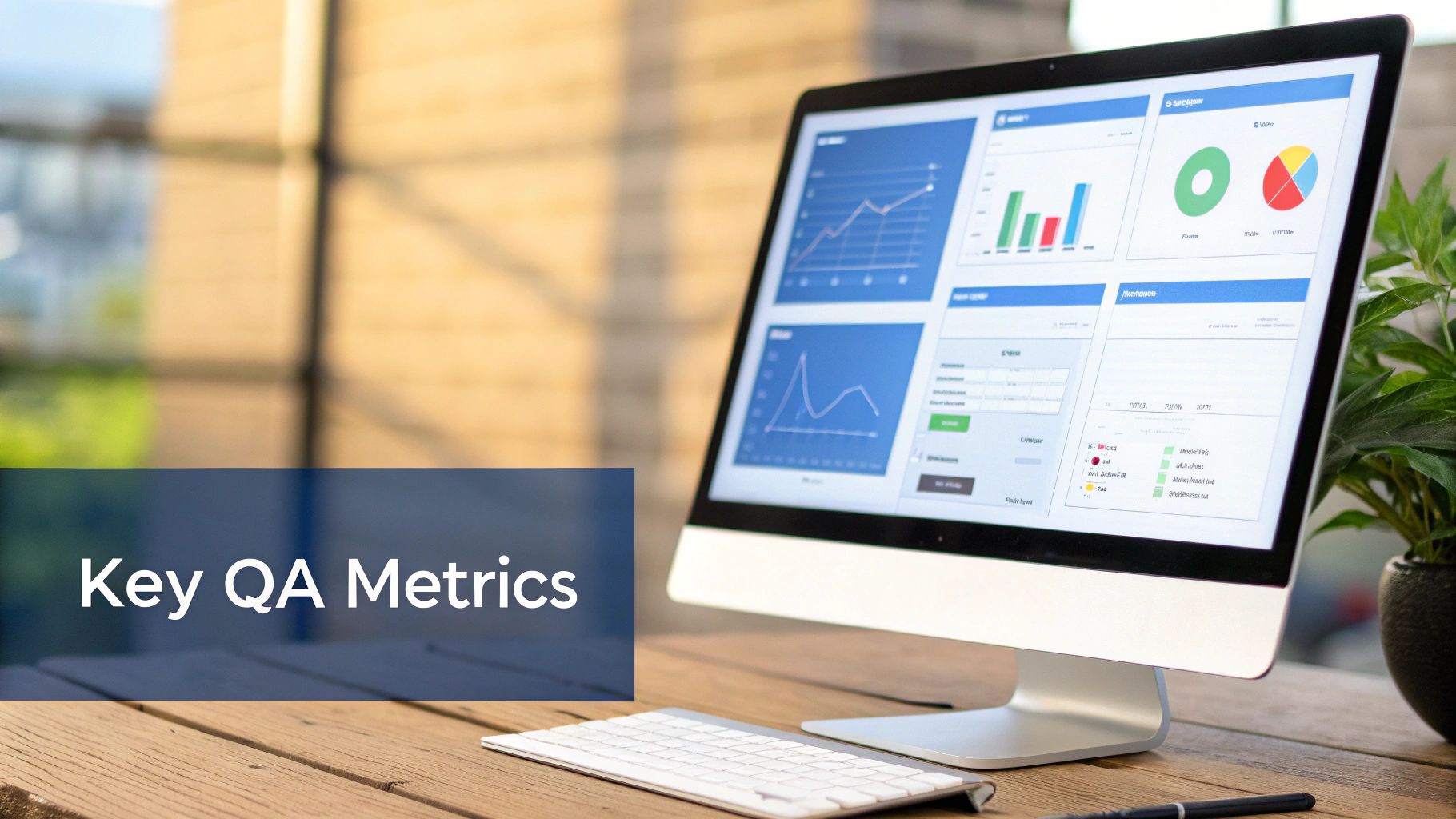 A computer screen displays 'Key QA Metrics' with a dashboard of charts and graphs for quality assurance reporting.
