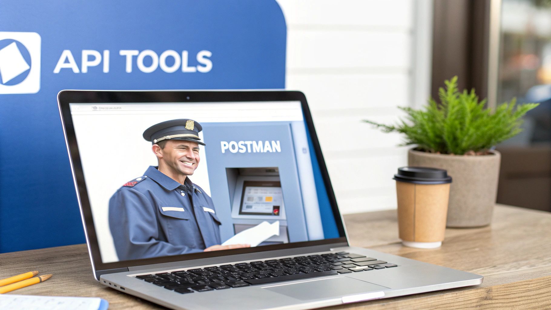 A laptop shows a smiling man in uniform next to a 'POSTMAN' machine, with 'API TOOLS' background.