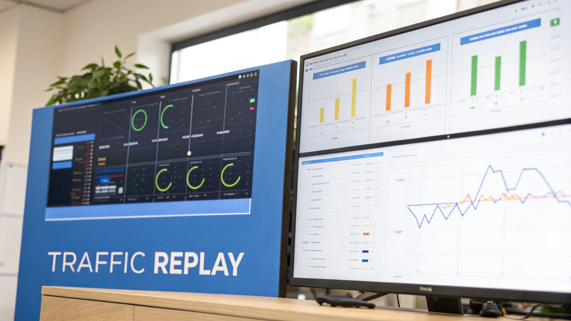 Multiple computer screens displaying diverse data dashboards, including bar charts, line graphs, and traffic replay information.