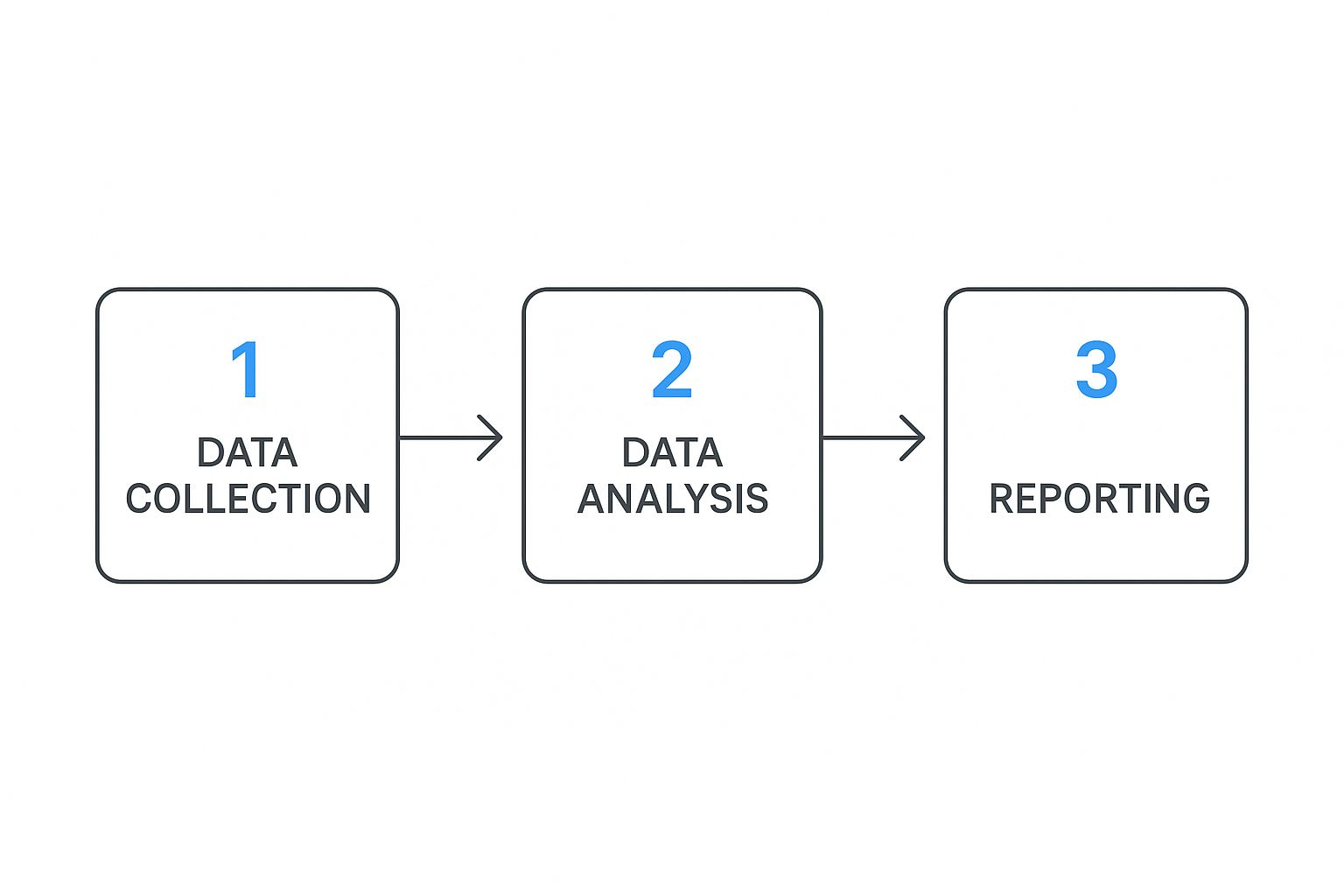 An infographic illustrating a three-step process: Data Collection, leading to Data Analysis, and finally to Reporting.