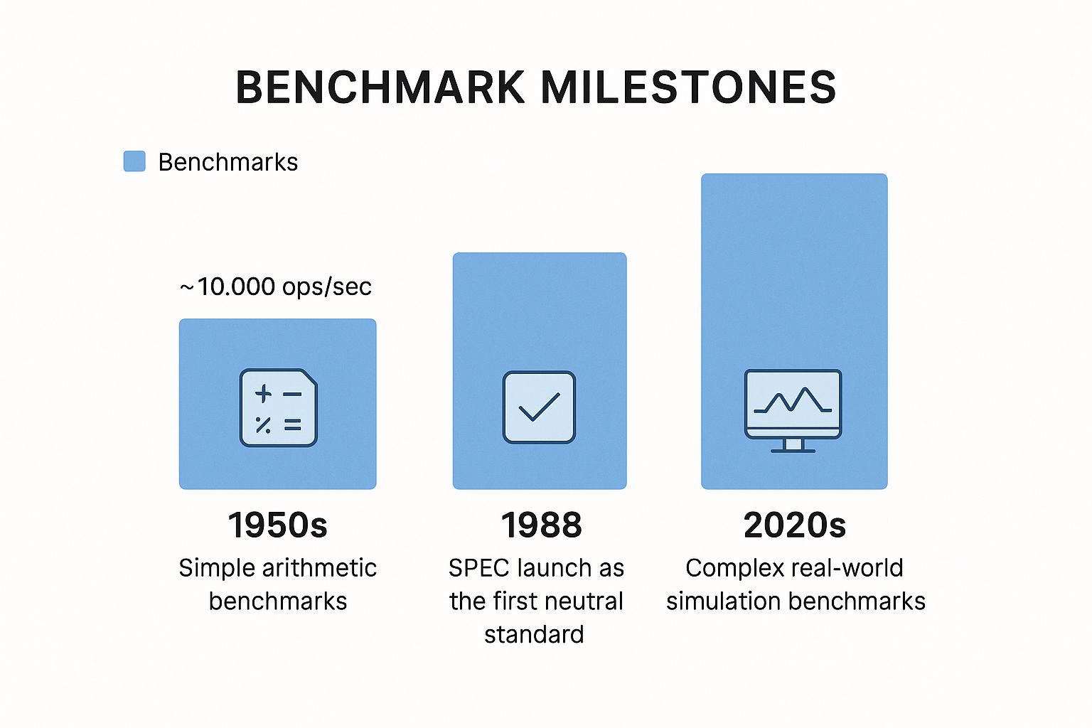 Infographic showing the evolution of benchmark tests from the 1950s to the 2020s.