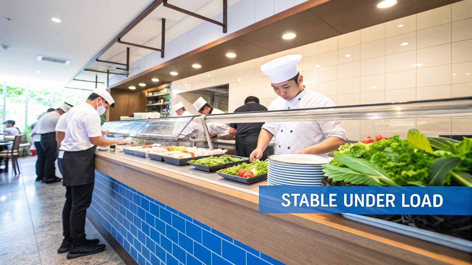 Chefs preparing and serving various dishes at a busy buffet counter with fresh vegetables.