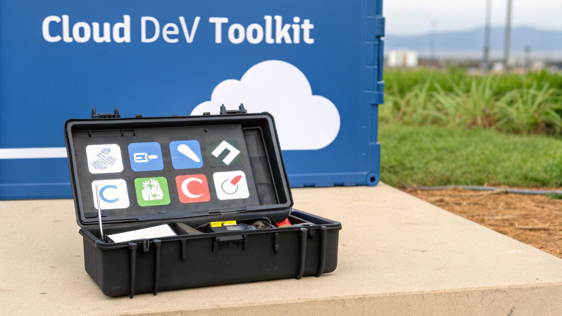 An open black toolkit displaying various developer icons, with a 'Cloud DeV Toolkit' container in the background.