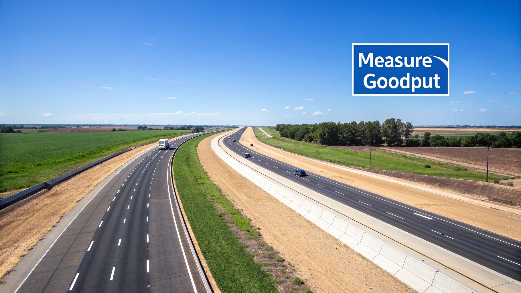 Aerial view of a multi-lane highway with cars and a truck, bordered by green fields under a blue sky, featuring a 'Measure Goodput' sign.
