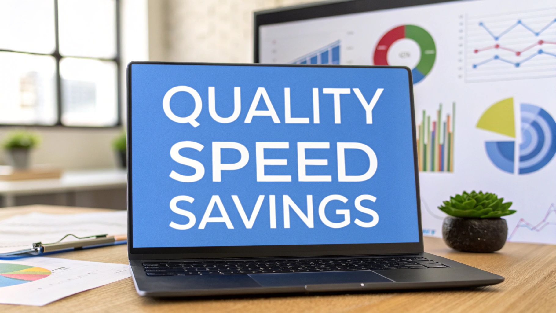 Photo-realistic image where "Quality Speed Savings" text is centered on a solid background block in the golden ratio position, sharp and highly legible against the block. The surrounding scene features a clean, modern workspace with subtly blurred code windows, performance charts, gear icons, and check marks, evoking automated software testing benefits without detracting from the central text.