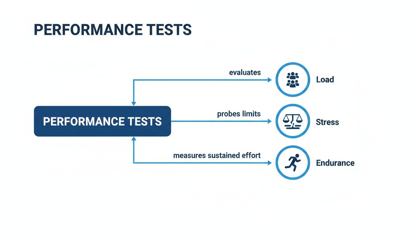 Diagram explaining performance tests, categorizing them into Load, Stress, and Endurance, with their functions.