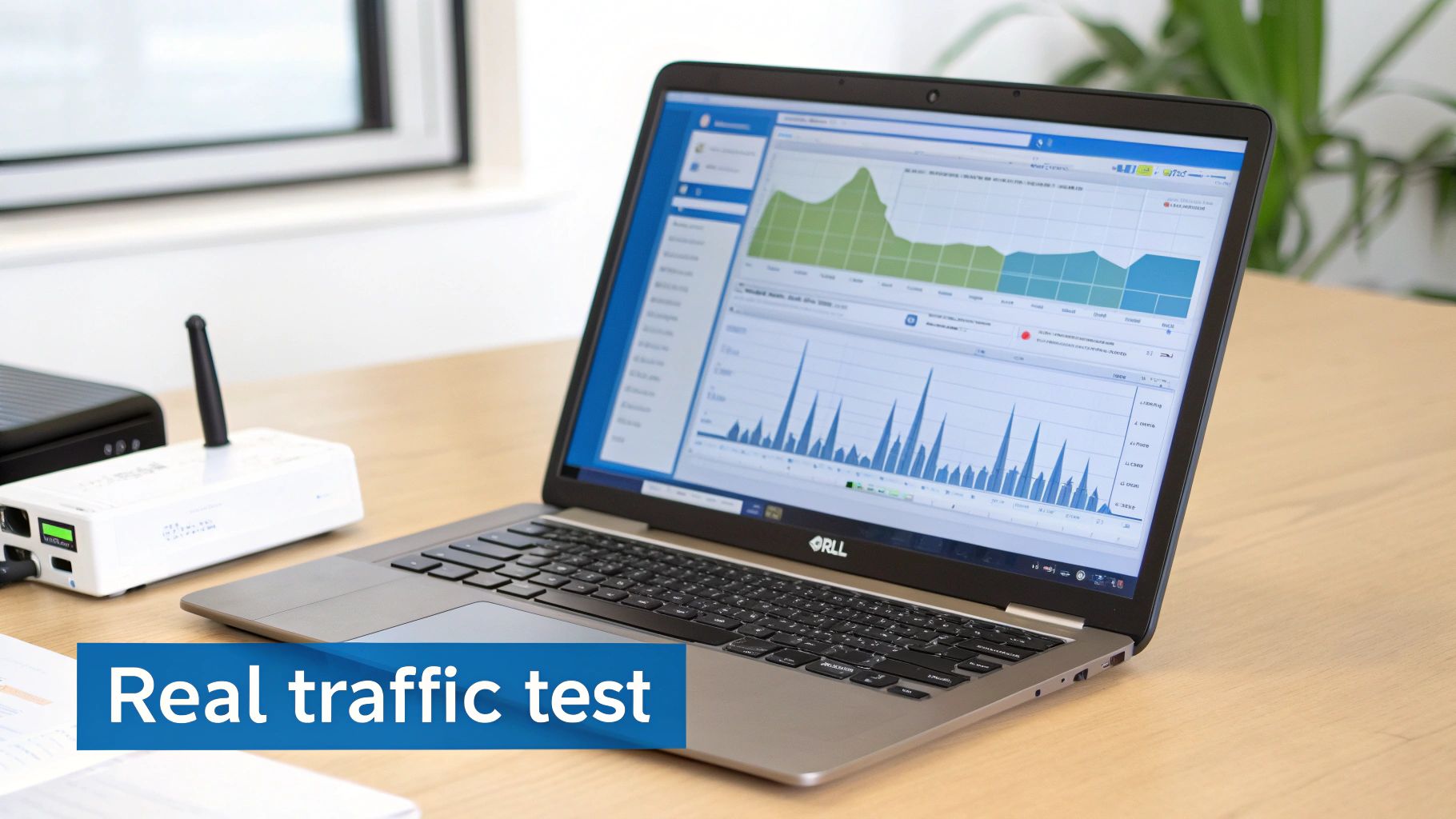 A laptop displays network traffic graphs and data, next to a white router, labeled 'Real traffic test'.