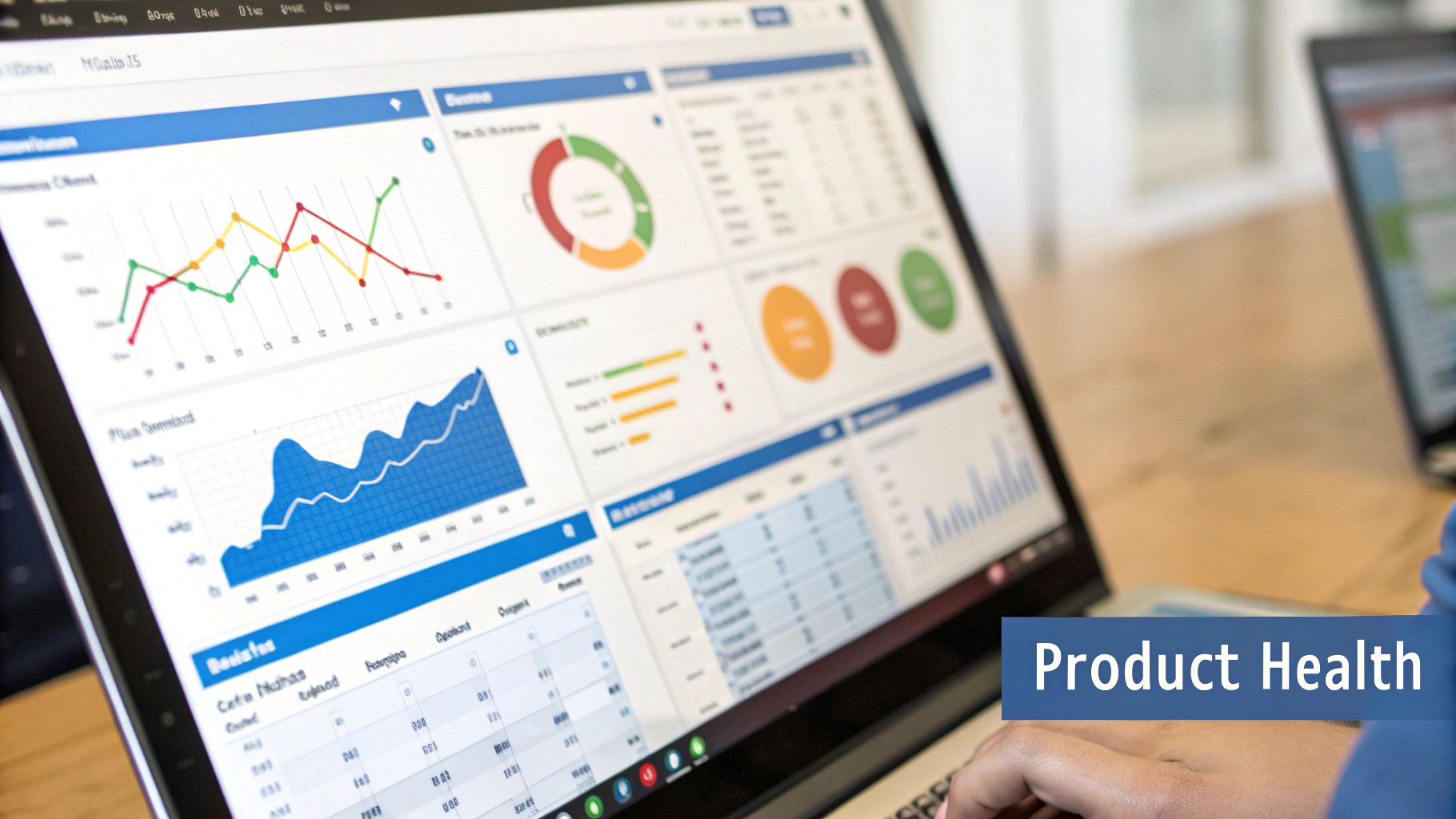 A dashboard showing various product metrics and charts