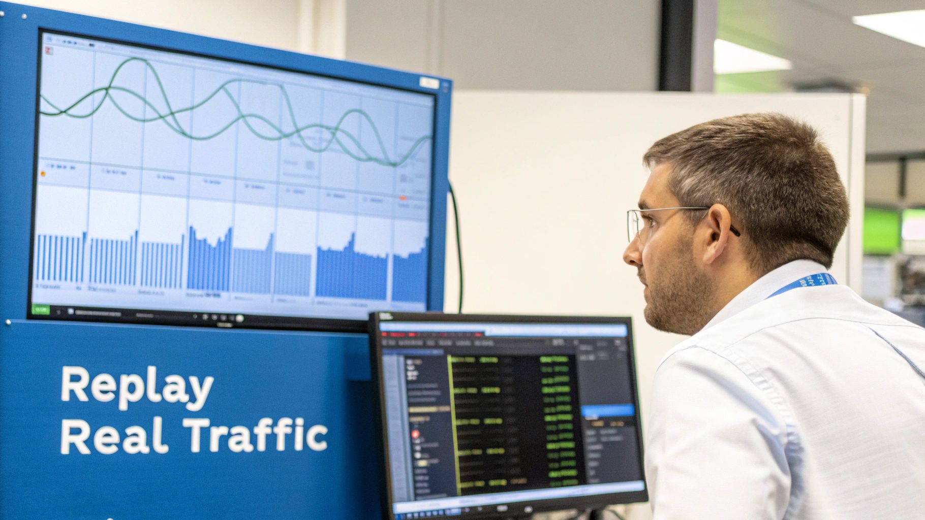 Side view of a man watching data analytics and graphs on multiple computer screens.