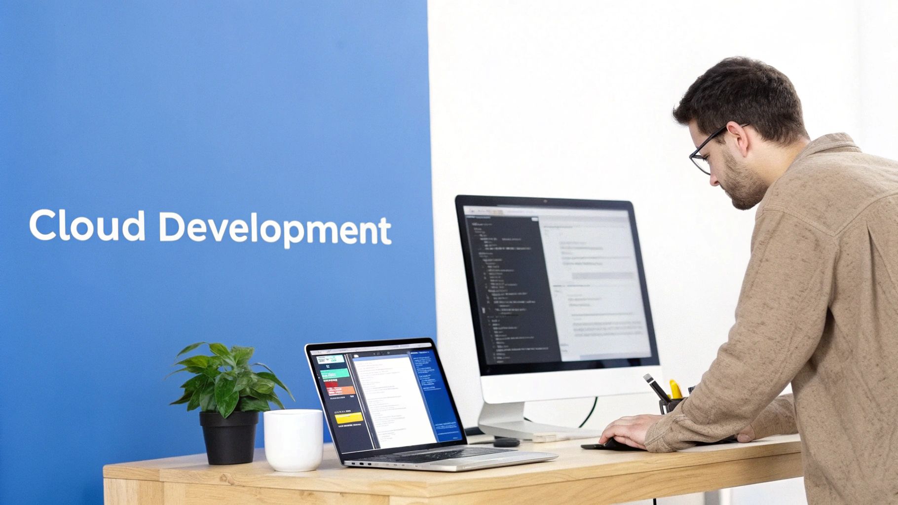 A developer works on a laptop and desktop monitor in a cloud development workspace.