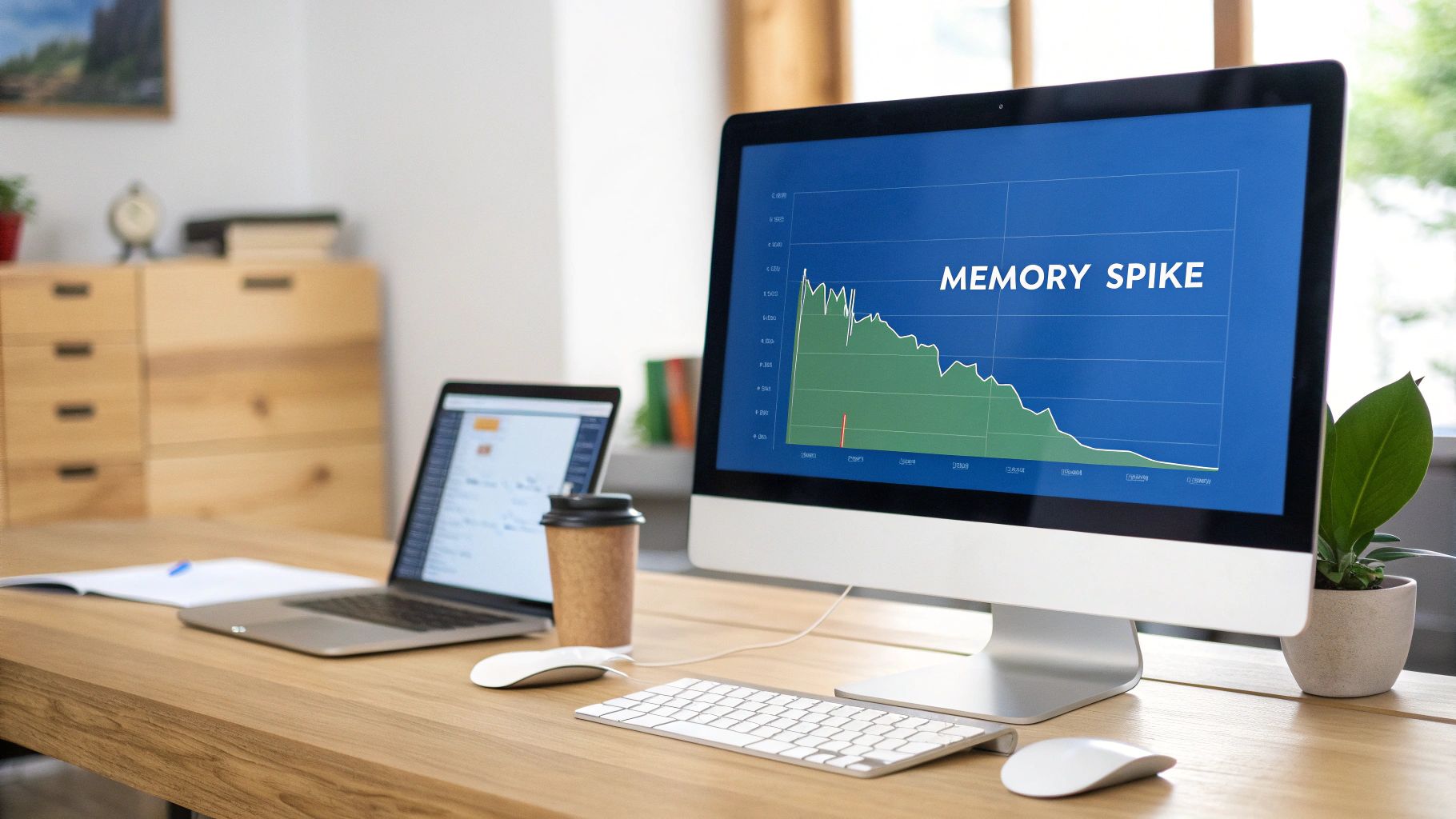 A stylized graph showing a sawtooth pattern of memory usage that trends upwards over time, indicating a memory leak.