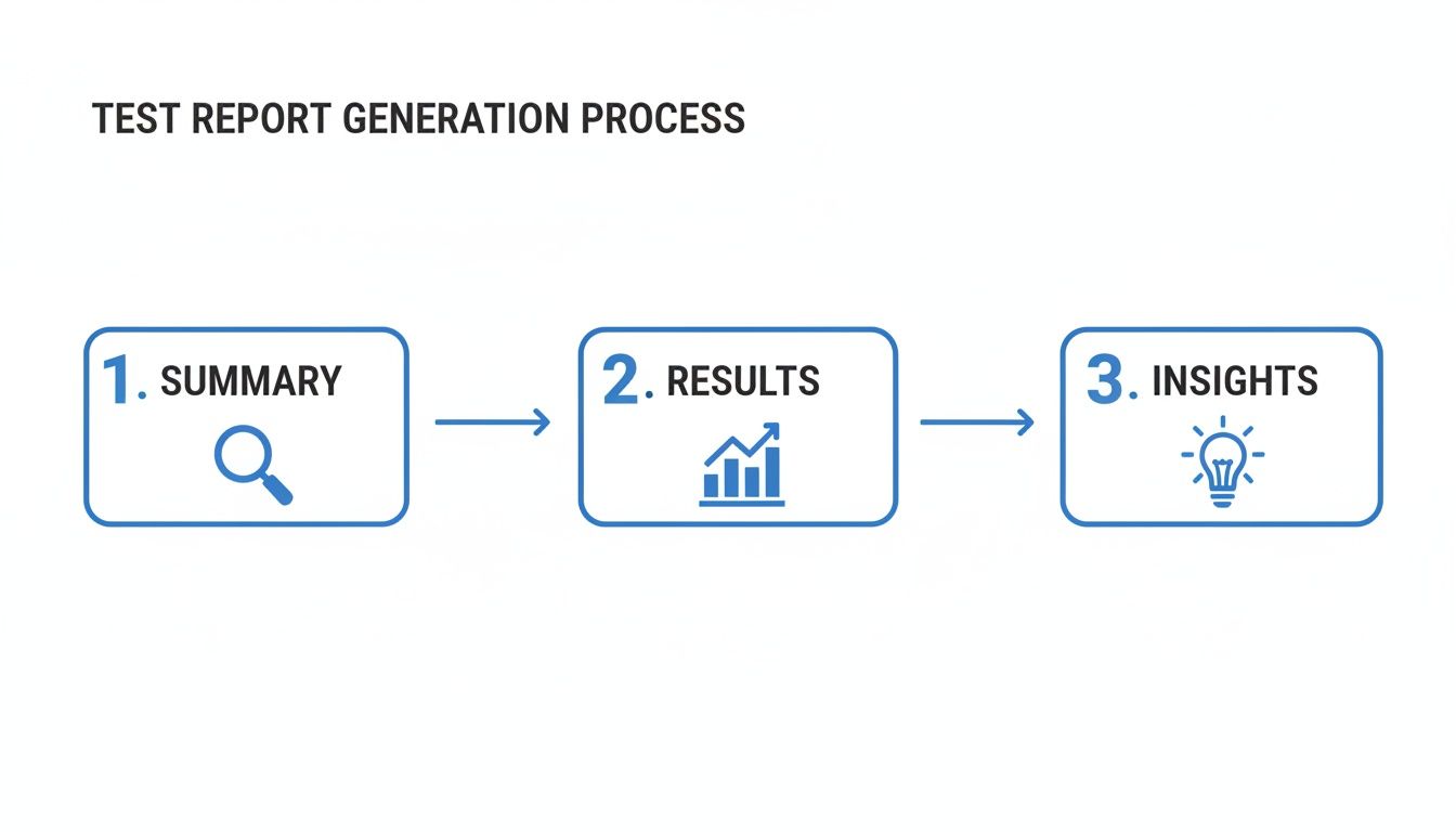 Flowchart showing the test report generation process with three steps: Summary, Results, and Insights.
