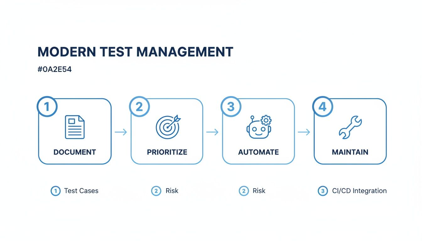 A four-step process diagram illustrating modern test management: document, prioritize, automate, and maintain.