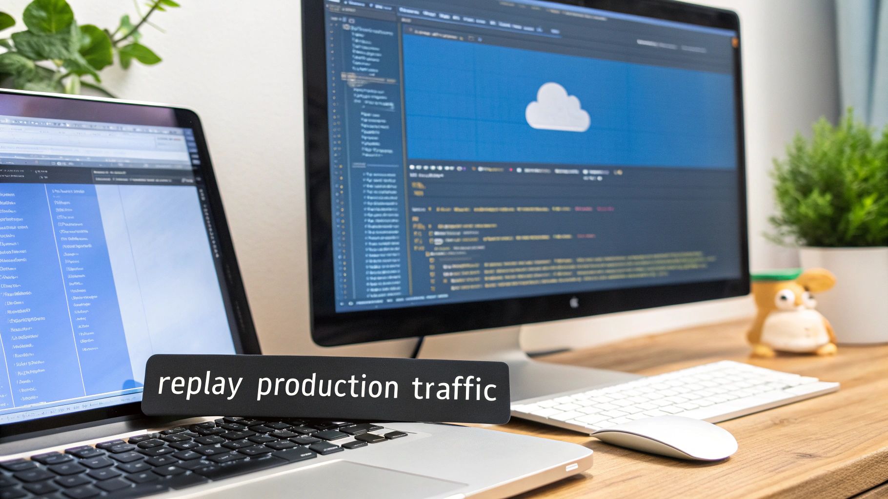 A developer's desk setup with a laptop, monitor displaying a cloud icon and code, and 'replay production traffic' text.