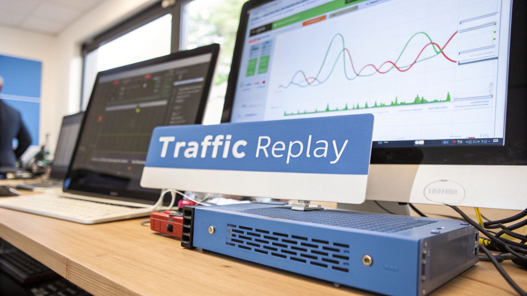 Desk with multiple monitors displaying data graphs, a laptop, and a blue 'Traffic Replay' device.