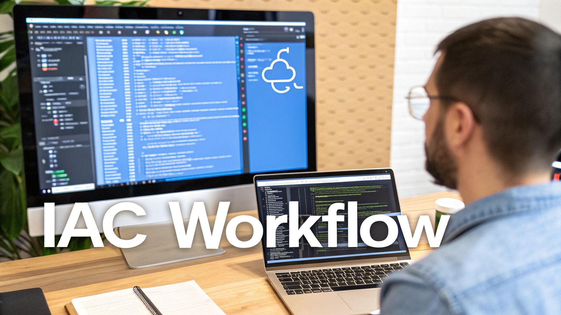 A developer focuses on an Infrastructure as Code (IAC) workflow using dual monitors displaying code and cloud services.