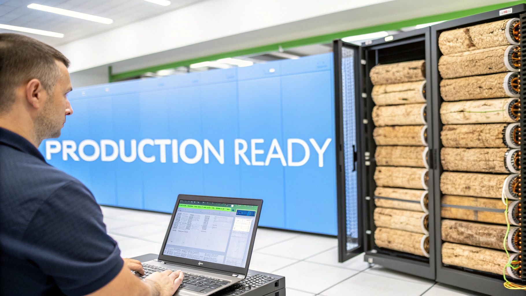 A technician operates a laptop in a data center with a 'PRODUCTION READY' wall and unique server racks.