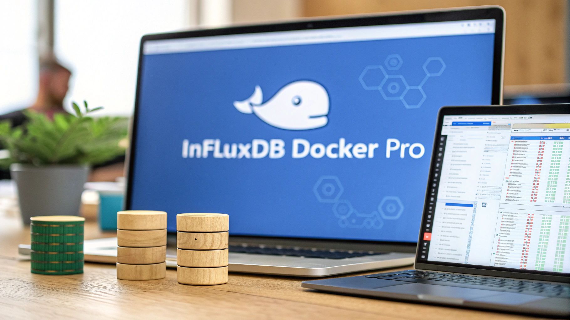 A photo-realistic workspace scene with subtle Docker whale and database cylinder icons blurred in the background, featuring âInfluxDB Docker Proâ text centered on a solid background block in the golden ratio position, supported by subdued server racks and terminal screens in a minimalistic, Brand & Text Realism style
